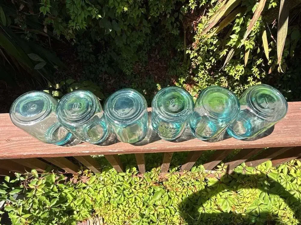 Set of 6 Vintage Ball Aqua Blue Glass Mason Jars Various Numbers No Lids